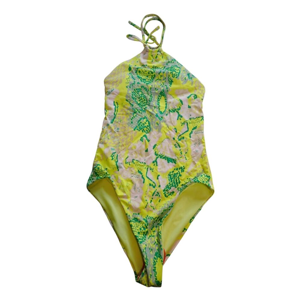 NWT Vero Moda Swimsuit XS Halter One Piece Lime Green Abstract Print Summer